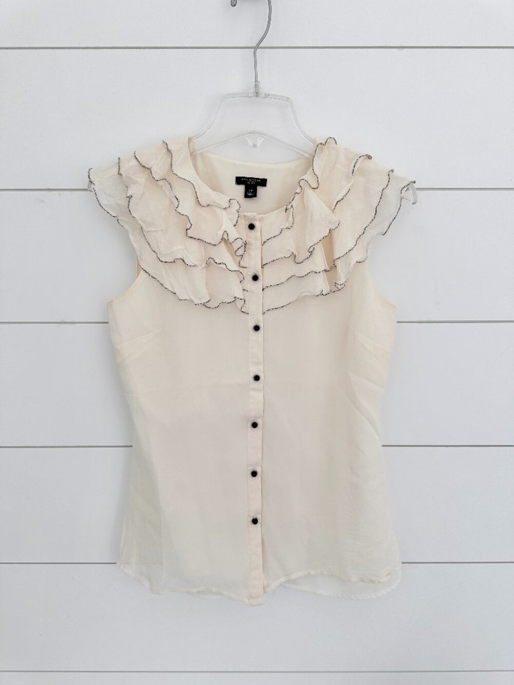 ANN TAYLOR 100% Silk Ruffle Contrast Stitch Cap Sleeve Blouse Size 2P